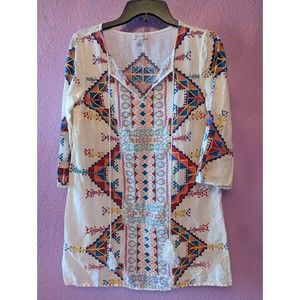 Sundance Behati Embroidered Beaded Tunic Linen Blend Dress S Xs